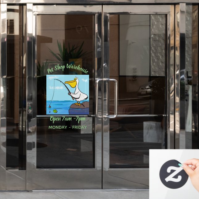Funny fishing pelican cartoon window cling (Office Door)