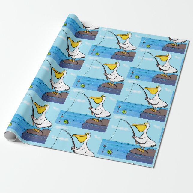 Funny fishing pelican cartoon wrapping paper (Unrolled)