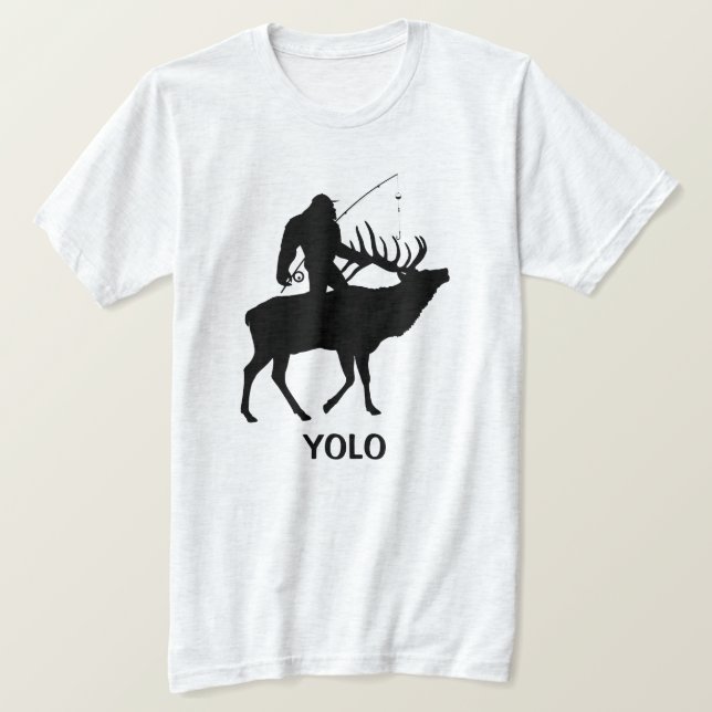 Funny Fishing Shirt with Sasquatch Riding Elk (Design Front)