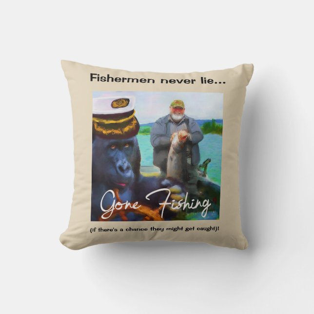 Funny Fishing Throw Pillow with caption (Front)
