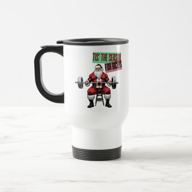 Funny Fitness Christmas Bicep Curls Barbell Santa Travel Mug (Left)