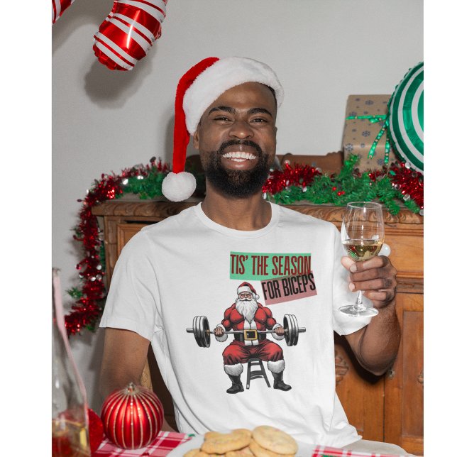 Funny Fitness Christmas Bicep Curls Barbell Santa Tri-Blend Shirt (Tis' The Season For Biceps. A funny Christmas gym Swole Santa Shirt)