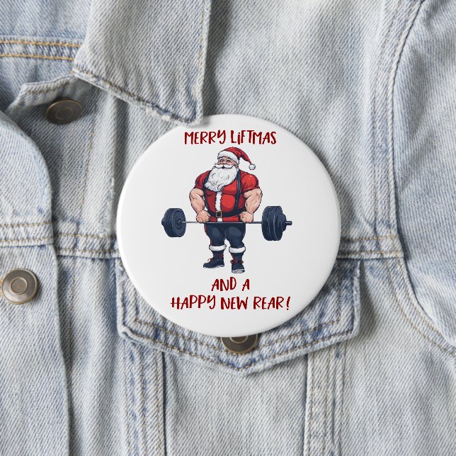 Funny Fitness Christmas Liftmas Barbell Santa 10 Cm Round Badge (In Situ)