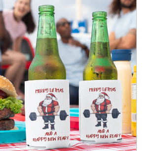 Funny Fitness Christmas Liftmas Barbell Santa Can Cooler