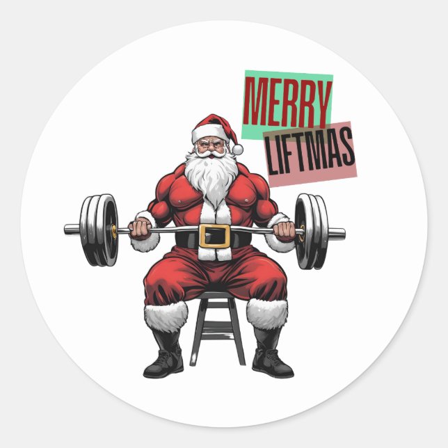 Funny Fitness Christmas Liftmas Barbell Santa Classic Round Sticker (Front)
