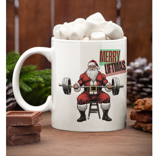 Funny Fitness Christmas Liftmas Barbell Santa Coffee Mug (Merry Liftmas Funny Fitness Christmas Coffee Mug. A swole Santa Claus ready to lift presents.)