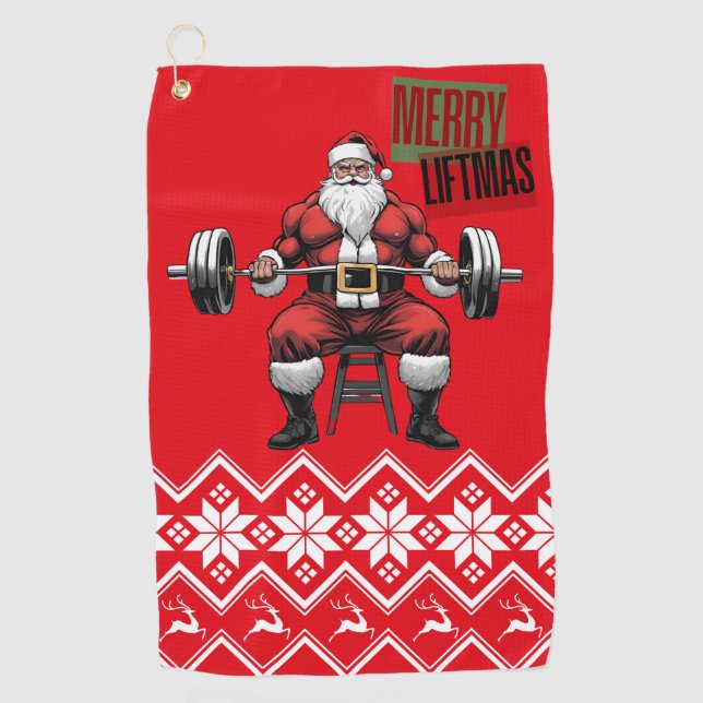 Funny Fitness Christmas Liftmas Barbell Santa Gym Golf Towel (Front)