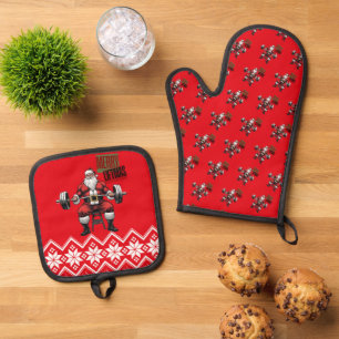 Funny Fitness Christmas Liftmas Barbell Santa Gym Oven Mitt & Pot Holder Set