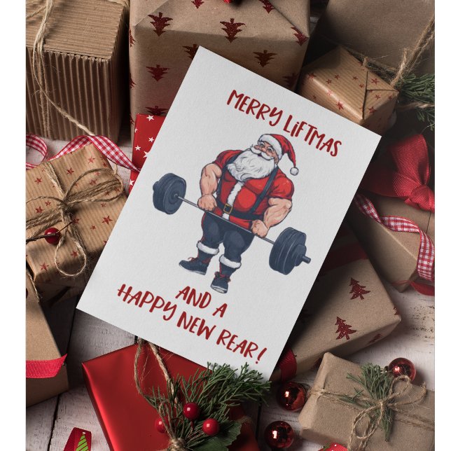 Funny Fitness Christmas Liftmas Barbell Santa Pun Thank You Card (Swole santa Christmas greeting card.)