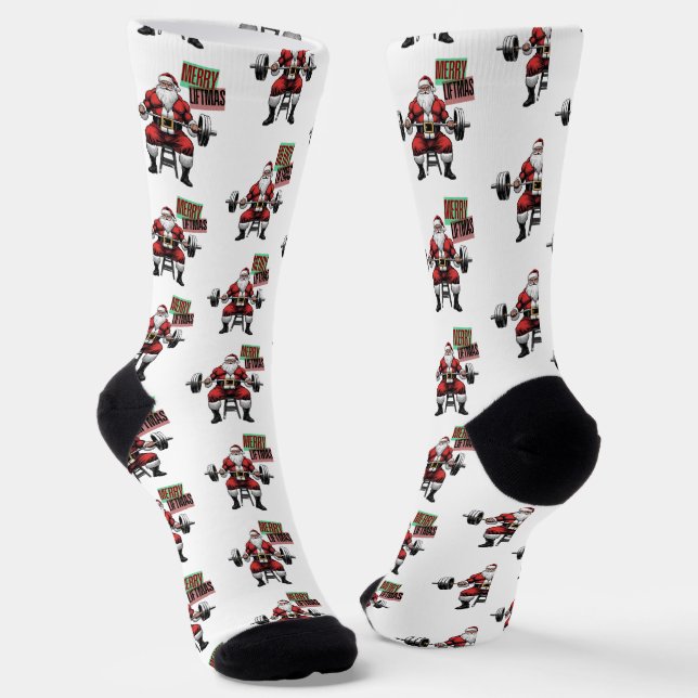 Funny Fitness Christmas Liftmas Barbell Santa Socks (Angled)
