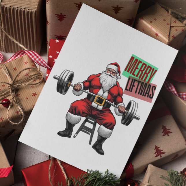 Funny Fitness Christmas Liftmas Barbell Santa Thank You Card (Merry Liftmas! Christmas Fitness Greeting Card)