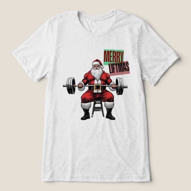 Funny Fitness Christmas Liftmas Barbell Santa Tri-Blend Shirt (Design Front)