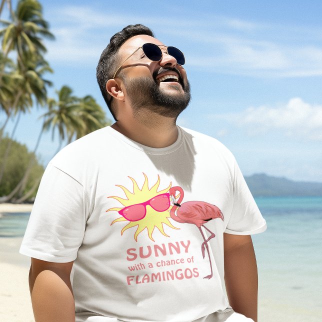 Funny Flamingo Beach Weather Forecast T-Shirt (male model at the beach wearing funny florida beach weather shirt sunny with a chance of flamingos
)