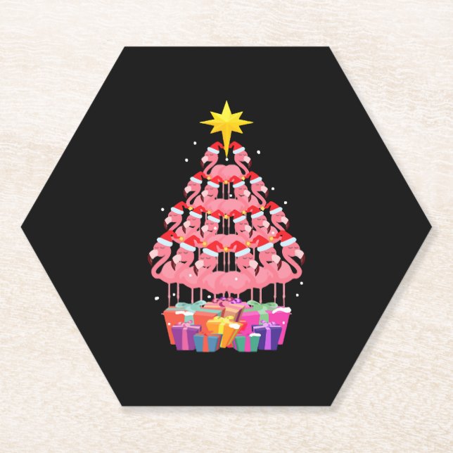 Funny Flamingo Christmas Tree Paper Coaster (Front)