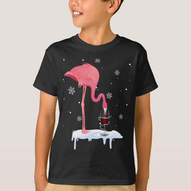 Funny Flamingo Drinking Wine On Christmas Xmas Paj T-Shirt (Front)