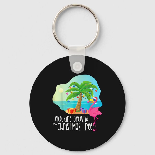 Funny Flamingo Flocking Around The Christmas Tree  Key Ring (Front)