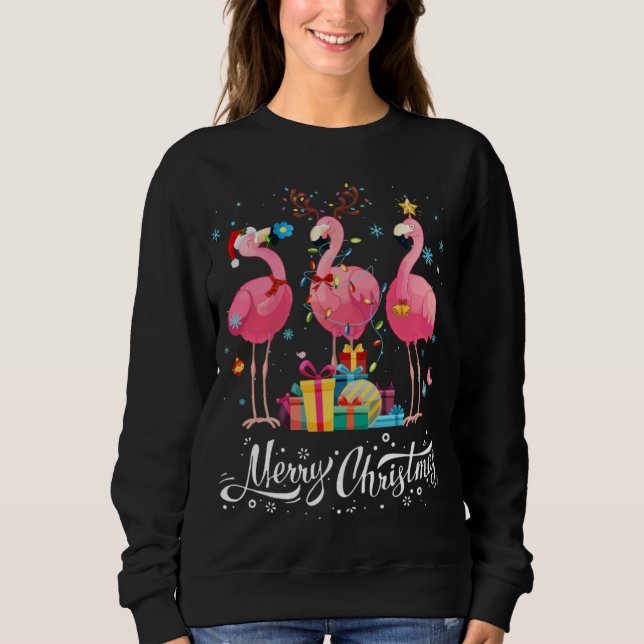 Funny Flamingo Lights Santa Hat Sweater Xmas Tree  (Front)