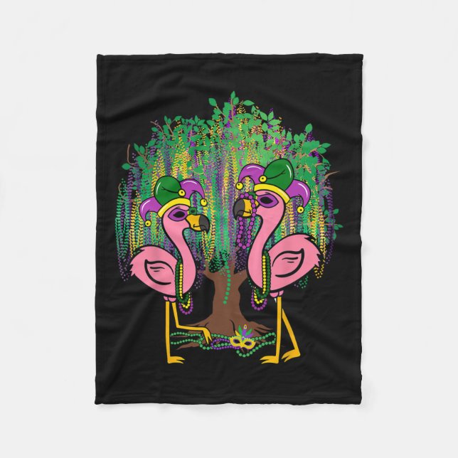 Funny Flamingo Mardi Gras Carnival Beads Tree Jest Fleece Blanket (Front)