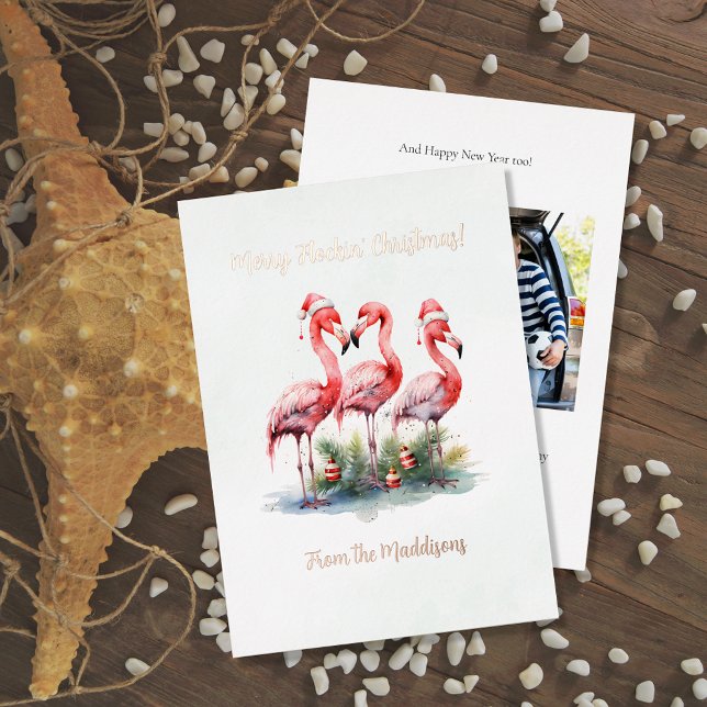 Funny Flamingo Merry Flockin' Christmas  Foil Holiday Card (Creator Uploaded)