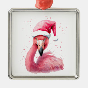 Funny flamingo santa hat Merry tropical Christmas  Metal Tree Decoration