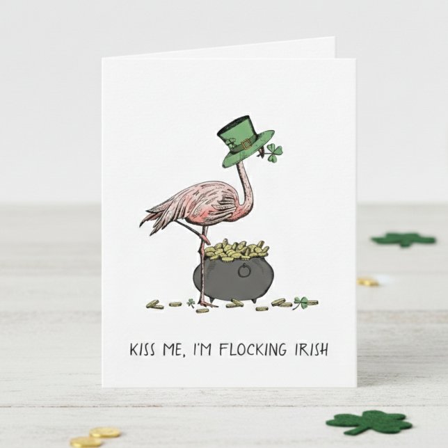 Funny Flamingo St Patrick’s Day Card (Lucky Kiss Me I'm Irish Funny St Patrick's Day Cards. Pink Flamingo, Green Clover, Leprechaun Hat)