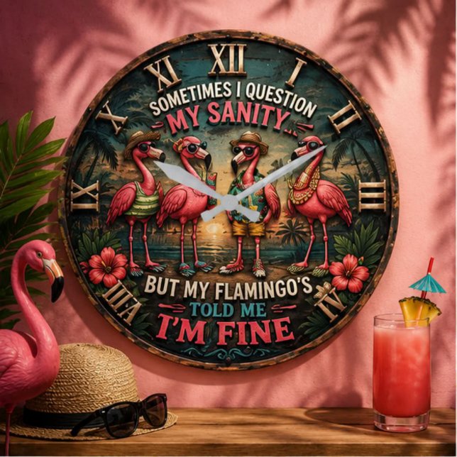 Funny Flamingo Tropical Humorous Beach House Large Clock (Creator Uploaded)
