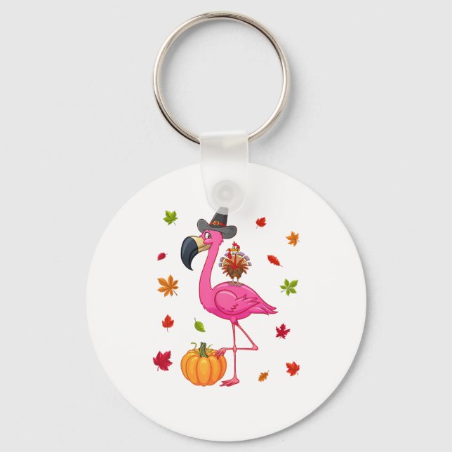 Funny Flamingo Turkey Thanksgiving Pumpkin  Key Ring (Front)