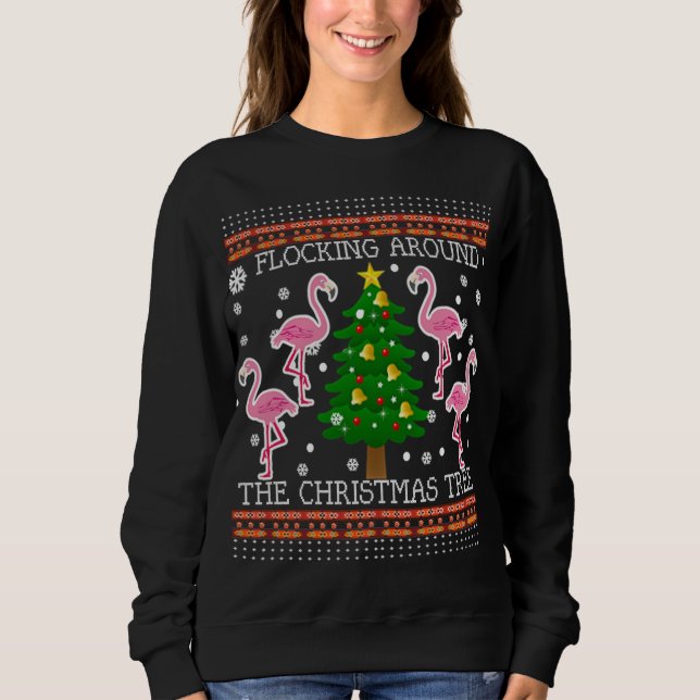 Funny Flamingo Ugly Christmas Tree Snow Sweater Ju (Front)