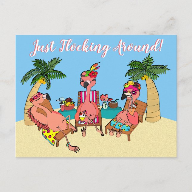 Funny Flamingos on Beach Vacation Illustration Postcard (Front)