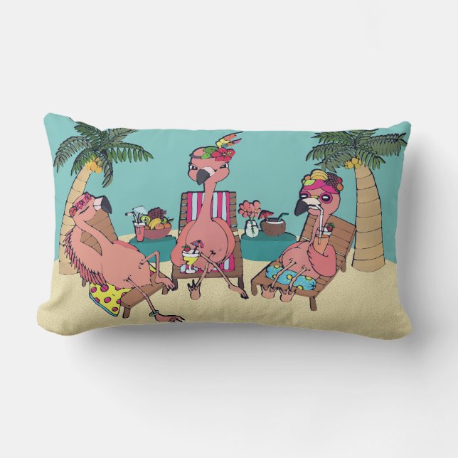 Funny Flamingos on Tropical  Vacation Illustration Lumbar Cushion (Front)
