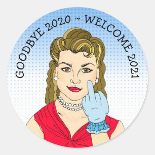 Funny Flipping the Bird Retro Lady Classic Round Sticker