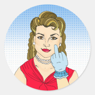 Funny Flipping the Bird Retro Lady Classic Round Sticker