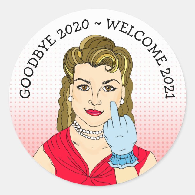 Funny Flipping the Bird Retro Lady Classic Round Sticker (Front)