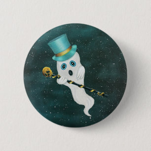 Funny Floating Ghost in Sky Blue Green Top Hat 6 Cm Round Badge