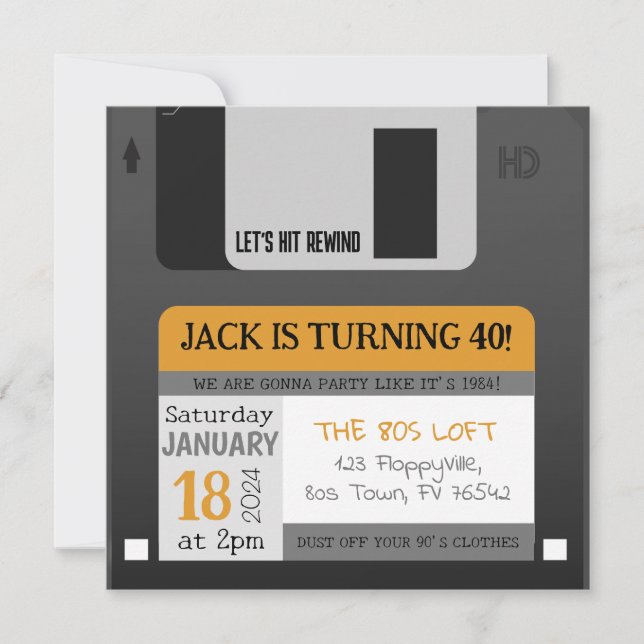 Funny Floppy Disc 80s 90s Birthday Invitation (Front)