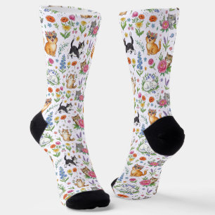 Funny Floral Cats Patterned Crew Socks