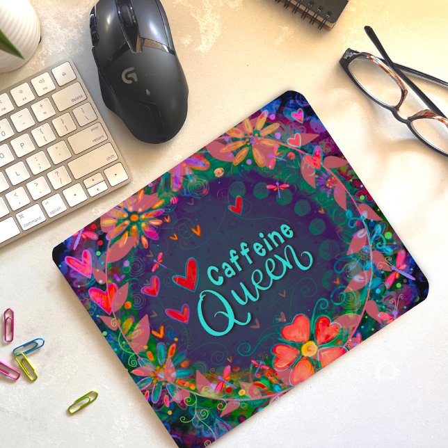 Funny Floral Cheerful Caffeine Queen Quote Mouse Mat (Creator Uploaded)