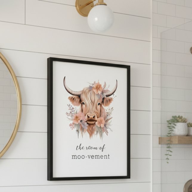 Funny Floral Highland Cow Bathroom Decor Photo Print (floral highland cow bathroom sign art work wall art funny quote sayings)
