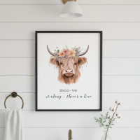 Funny Floral Highland Cow Cute Home Decor Wall Art