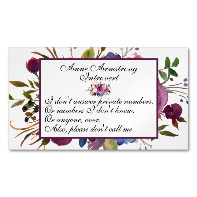 Funny Floral Introvert Magnetic Business Card (Front)