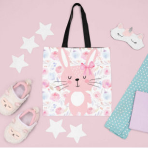Funny Floral Pink Bunny  Tote Bag