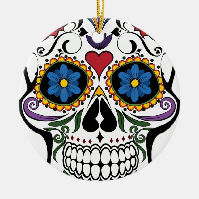 Funny Floral Skull Ceramic Tree Decoration (Front)