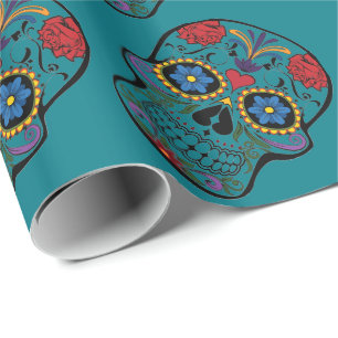 Funny Floral Skull Teal Gift Wrapping Paper
