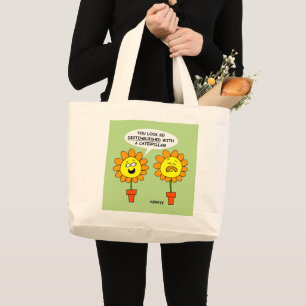 Funny Flowers and Caterpillar Moustache Cartoon Ar Large Tote Bag