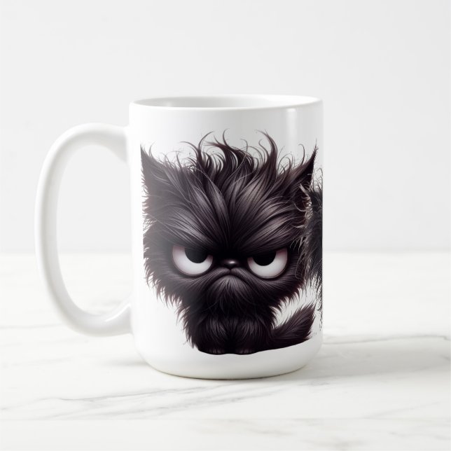 FUNNY FLUFFY ANGRY BLACK KITTENS COFFEE MUG (Left)