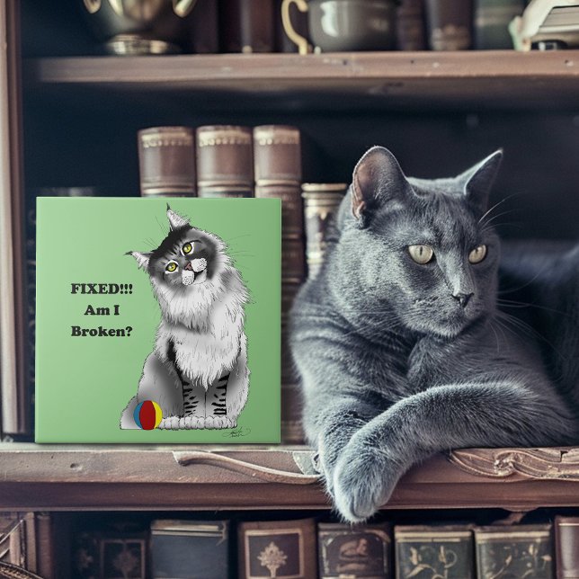 Funny Fluffy Maine Coon Cat Green Humour Tile (Creator Uploaded)