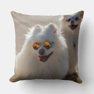 Funny Fluffy White Dog with Sunglasses Cute Dog Lo Cushion
