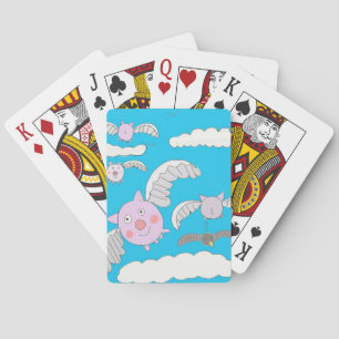 Funny flying pigs playing cards