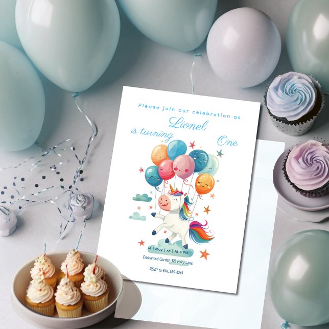 Funny Flying Unicorn Rainbow Colours 1st Birthday Invitation (Creator Uploaded)