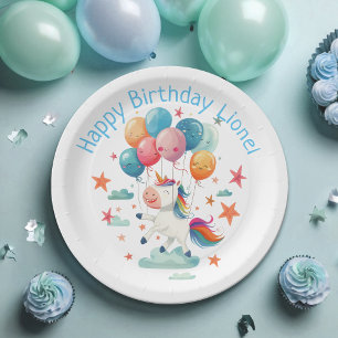 Funny Flying Unicorn Rainbow Colours 1st Birthday Paper Plate